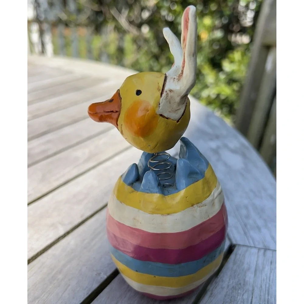 Penny McAllister Duck With Bunny Ears folk art Stripe Egg Easter 2003 Bobblehead